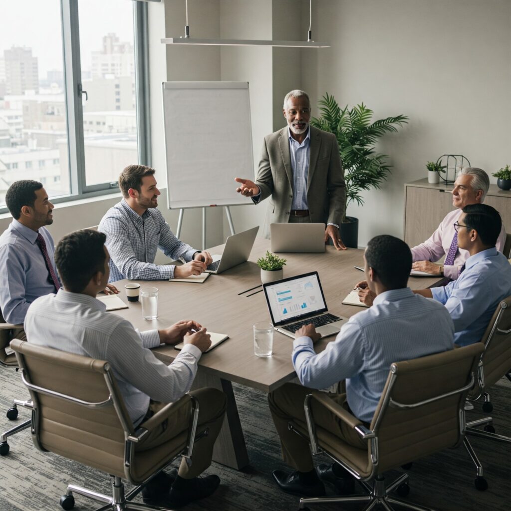A group of men in a board meeting